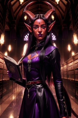 1girl, solo, tiefling, (18 years old, slender, symmetrical face, high detail face, high detail skin, devil tail, long black hair, purple iris, purple ram horns, elf ears), (red skin:1.3), (ram horns:1.2), devil tail, wearing gothic dress, inside library, (masterpiece, top quality, best quality, beautiful and aesthetic:1.2)
