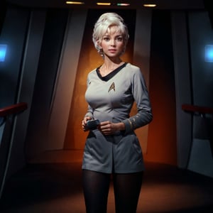 1girl, (full body shot, dynamic pose, dynamic shot), (28 years old Caucasian woman, short, fit, large breasts, symmetrical face, high detail face, high detail skin, short white hair, messy hair), slight smile, tosunfm, standing inside star trek bridge, (masterpiece, top quality, best quality, beautiful and aesthetic:1.2)