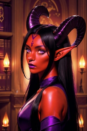 1girl, solo, tiefling, (18 years old, slender, symmetrical face, high detail face, high detail skin, devil tail, long black hair, purple iris, purple ram horns, elf ears), (red skin:1.3), (ram horns:1.2), devil tail, wearing gothic dress, inside library, (masterpiece, top quality, best quality, beautiful and aesthetic:1.2)