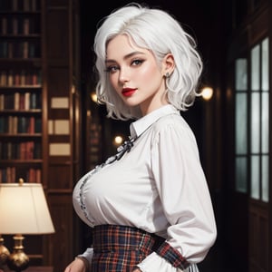 cowboy shot, 3/4 view, full body, 1girl, (28 years old, fit, short, large breasts, full lips, symmetrical face, high detail face, high detail skin, short white hair, messy hair), ((white hair:1.2)), lipstick, sultry seductive smile, wearing white blouse and plaid skirt, and high heels, fantasy library, cinematic lighting, depth of field, (masterpiece, top quality, best quality, official art, beautiful and aesthetic:1.2), colorful, detailed, highly detailed, absurdres, highly detailed skin, highres, perfect hands, perfect fingers,