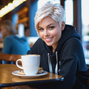 1girl, solo, (cowboy shot, dynamic pose, dynamic view), (28 years old Caucasian woman, fit, large breasts, symmetrical face, high detail face, high detail skin, short white hair, messy hair), ((short white hair:1.2)), flirty smile, wearing hoodie and sweatpants, sitting inside cafe, ((latte and plate of cookies)), morning, depth of field, cinematic lighting, (masterpiece, top quality, best quality, beautiful and aesthetic:1.2)