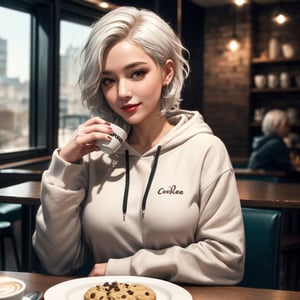 1girl, solo, (cowboy shot, dynamic pose, dynamic view), (28 years old Caucasian woman, fit, large breasts, symmetrical face, high detail face, high detail skin, short white hair, messy hair), ((short white hair:1.2)), flirty smile, wearing hoodie and sweatpants, sitting inside cafe, ((latte and plate of cookies)), morning, depth of field, cinematic lighting, (masterpiece, top quality, best quality, beautiful and aesthetic:1.2)