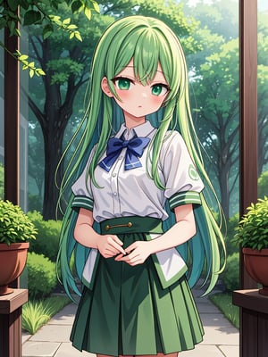 extreme detail,masterpiece,anime_style,solo girl,female student,dark green uniform,greenery-rich school,Celtic traditions,composing a poem,harmony with nature,celts