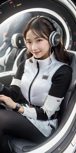 masterpiece:1.4, masterpiece:1.2, (best quality), (highly detailed:1.3), (1girl):30, (portrait shot):10, 24yo, 170cm, top social media influencer, japanese idol, Model physique, tall, elegant
BREAK
(shiny white protective vest):1.2, headphones, (black leggings):1.5, (black long knit sleeves):1.5, (puffy down vest):5, black belt, smartwatch,heafphone, (inside space passenger ship):5, (near future):5,
BREAK
open eyes,enjoy,fun, (straight black long hair), (floating hair):2,wind:2,
smile, looking at viewer, rosy cheeks, (futuristic interior):8, (holographic displays):4, (glowing panels):5, volumetric lighting, protective vest, space_explorer, japanese girl,
BREAK
(space passenger ship interior):5, (advanced technology):6, (sleek white surfaces):10, (curved walls):5, (zero gravity environment):4, (no windows):3, (bright and airy cabin):6, (comfortable spaceship seat):5, (upper body focus):10, (social media-style photo):8, (excellent lighting):8, (white color scheme):10, (futuristic details):7, (mechanical elements):6,Futuristic,Sci Fi,Vex Technology