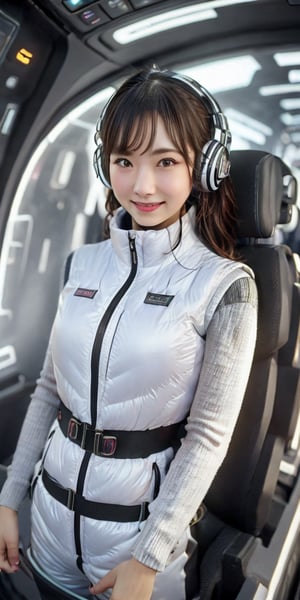 masterpiece:1.4, masterpiece:1.2, (best quality), (highly detailed:1.3), (1girl):30, (portrait shot):10, 24yo, 170cm, top social media influencer, japanese idol, Model physique, tall, elegant
BREAK
(shiny white protective vest):1.2, headphones, (black leggings):1.5, (black long knit sleeves):1.5, (puffy down vest):5, black belt, smartwatch,heafphone, (inside space passenger ship):5, (near future):5,
BREAK
open eyes,enjoy,fun, (straight black long hair), (floating hair):2,wind:2,
smile, looking at viewer, rosy cheeks, (futuristic interior):8, (holographic displays):4, (glowing panels):5, volumetric lighting, protective vest, space_explorer, japanese girl,
BREAK
(space passenger ship interior):5, (advanced technology):6, (sleek white surfaces):10, (curved walls):5, (zero gravity environment):4, (no windows):3, (bright and airy cabin):6, (comfortable spaceship seat):5, (upper body focus):10, (social media-style photo):8, (excellent lighting):8, (white color scheme):10, (futuristic details):7, (mechanical elements):6,Futuristic,Sci Fi,Vex Technology