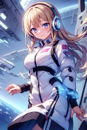 Extreme detail,One girl,ledarraytech , scifi,   geometrical ,   scholar , scroll, 1girl,very long hair, wind:1.5,blonde long hair,headphone, flying,falling,wind:1.5,glowing eyes, smile ,closed mouth,inside spacecraft background,futuristic space station back ground,
 ,tron,(white astrovest):2,bing_astronaut