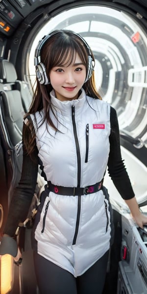 masterpiece:1.4, masterpiece:1.2, (best quality), (highly detailed:1.3), (1girl):30, (portrait shot):10, 24yo, 170cm, top social media influencer, japanese idol, Model physique, tall, elegant
BREAK
(shiny white protective vest):1.2, headphones, (black leggings):1.5, (black long knit sleeves):1.5, (puffy down vest):5, black belt, smartwatch,heafphone, (inside space passenger ship):5, (near future):5,
BREAK
open eyes,enjoy,fun, (straight black long hair), (floating hair):2,wind:2,
smile, looking at viewer, rosy cheeks, (futuristic interior):8, (holographic displays):4, (glowing panels):5, volumetric lighting, protective vest, space_explorer, japanese girl,
BREAK
(space passenger ship interior):5, (advanced technology):6, (sleek white surfaces):10, (curved walls):5, (zero gravity environment):4, (no windows):3, (bright and airy cabin):6, (comfortable spaceship seat):5, (upper body focus):10, (social media-style photo):8, (excellent lighting):8, (white color scheme):10, (futuristic details):7, (mechanical elements):6,Futuristic,Sci Fi,Vex Technology