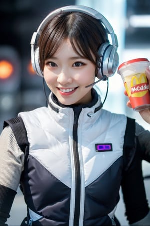 futuristic japanese idol, floating gracefully in zero gravity, close-up portrait, sleek white bodysuit with black and silver accents, pressure suit with integrated computer components, glossy texture, wearing high-tech headphones, smiling while holding McDonald's fries, bright white room, floating and moving stylishly, (white and black astrovest):10,advanced technology surroundings, dynamic pose, flowing hair, cyberpunk aesthetic, holographic elements, 3D projection interfaces, lens flares, motion blur, sharp details, ultra HD, cinematic lighting, zero_gravity, futuristic, idol, japanese, floating, close-up, neon, hologram, cyberpunk, high-tech, motion_blur, lens_flare --aspect 9:16