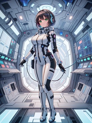 shorts: 1.4, 1 girl in ((20yr old, slightly a tight, futuristic metallic white bodysuit, long boots, huge-breasted, colorful black long hair, chignon, short hair, perfect model body, green eyes: 1.4, Flirting Headphones, Flirting, Happy, Looking Out the Window of the Futuristic Sci-Fi Space Station, While Admiring the Beautiful Galaxy: 1.2, SFSF Control Room on Night Background: 1.1, Neon and Comfortable Atmosphere: 1.2)) ((Galaxy)) ((Solo: 1.6))