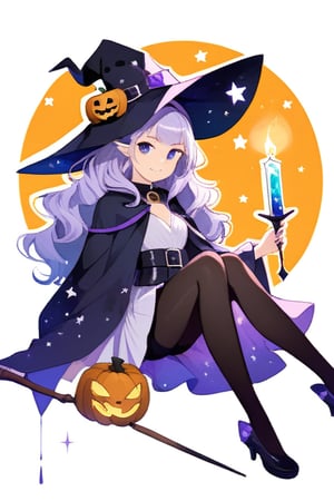 masterpiece, highest quality, high resolution, newest, halloween theme, witch style, teenage girl, BREAK witch hat:1.2, hidden ears, BREAK, magical girl, look at viewer, mischievous smile, spellcasting, BREAK sitting in a dimly lit pumpkin-filled room, (enchanted broomstick):1.5, magical aura, shiny witch robe, black long sleeves, striped orange and black tights, BREAK magic wand, crystal ball, BREAK purple and orange witch outfit, starry pattern on robe, futuristic witch costume with black and silver magical accents, long flowing cape, puffy sleeves, high collar, silver front zipper, waist belt with potion vials, magical runes on sleeves and waist, natural wavy hair with purple streaks, subtle Halloween-themed hair accessories, eerie orange and purple interior with floating candles and magical artifacts, designed for spellcasting and potion brewing, mystical high-tech environment, Halloween night, future enchantress, magical idol girl, 20yo, casting spells, mischievous grin, witch hat:1.5, vivid, purple hair, very long hair, big eyes, female riding enchanted broomstick, magical environment resembling a Halloween wonderland