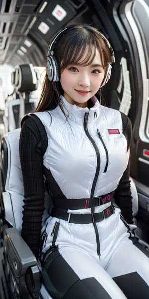 masterpiece:1.4, masterpiece:1.2, (best quality), (highly detailed:1.3), (1girl):30, (portrait shot):10, 24yo, 170cm, top social media influencer, japanese idol, Model physique, tall, elegant
BREAK
(shiny white protective vest):1.2, headphones, (black leggings):1.5, (black long knit sleeves):1.5, (puffy down vest):5, black belt, smartwatch,heafphone, (inside space passenger ship):5, (near future):5,
BREAK
open eyes,enjoy,fun, (straight black long hair), (floating hair):2,wind:2,
smile, looking at viewer, rosy cheeks, (futuristic interior):8, (holographic displays):4, (glowing panels):5, volumetric lighting, protective vest, space_explorer, japanese girl,
BREAK
(space passenger ship interior):5, (advanced technology):6, (sleek white surfaces):10, (curved walls):5, (zero gravity environment):4, (no windows):3, (bright and airy cabin):6, (comfortable spaceship seat):5, (upper body focus):10, (social media-style photo):8, (excellent lighting):8, (white color scheme):10, (futuristic details):7, (mechanical elements):6,Futuristic,Sci Fi,Vex Technology