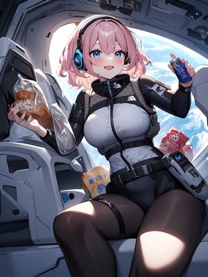 masterpiece, highest quality, high resolution, breasts, 20yo,(solo):2,2girls,pink hair,blue hair,(inside space station):2,flying:2,floatong:2,zero gravity,wind:1.5,

BREAK
headphone,(futurstic tight-fit bodysuit):2,(white long downvest):100,(northface white puffy downvest):2,(puffy):2,(black sleeves):5,(black tights):2,(black belt),(smartwatch):100,astrovest
BREAK
1girl, sitting in spacecraft cabin, space station interior, looking out of large windows at Earth below, beautiful eyes, sharing a nutritious food package, aluminum foil pouch with plastic viewing window, contains nutritious liquid or puree together, smiling and chatting, bright and cheerful expressions, high quality cinematic lighting, detailed textures, sharp focus,blonde hair,blue eyes,
