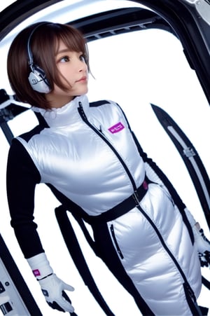 (((masterpiece))), (((best quality))), Best picture quality, high resolution, 8k, realistic, sharp focus, realistic image of elegant lady, Japanese beauty, supermodel, girl, standing, (black sleeves):1000,(black long tightfit sleeves) :1000,black belt, BREAK (headphone):10 (metallic white astrovest), (metallic luster mirror finish astrovest):2,BREAK inside space station,inside futiristic spacecraft ,space,galaxy,BREAK light brown hair, long hair, green eyes, side-swept bangs, sideburns, phone, (wet body:1.0), sunlight, sweat, helf body, shoes removed, Head tilt, untucked, Profile, (high quality:1.0), (white background:0.8), detailed face, (blush:1.0), 1 girl, Young beauty spirit, perfect light, Detailedface, big eyes, Sharp Eyess, perfect eyes , Smirk, Detailed face, dreaming back ground, photo of perfecteyes eyes,tnf_jacket,astrovest,bing_astronaut,,<lora:659111690174031528:1.0>
