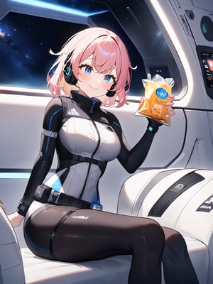 masterpiece, highest quality, high resolution, breasts, 20yo,(solo):2,2girls,pink hair,blue hair,(inside space station):2,flying:2,floatong:2,zero gravity,wind:1.5,

BREAK
headphone,(futurstic tight-fit bodysuit):2,(white long downvest):100,(northface white puffy downvest):2,(puffy):2,(black sleeves):5,(black tights):2,(black belt),(smartwatch):100,astrovest
BREAK
1girl, sitting in spacecraft cabin, space station interior, looking out of large windows at Earth below, beautiful eyes, sharing a nutritious food package, aluminum foil pouch with plastic viewing window, contains nutritious liquid or puree together, smiling and chatting, bright and cheerful expressions, high quality cinematic lighting, detailed textures, sharp focus,blonde hair,blue eyes,

