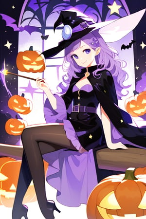 masterpiece, highest quality, high resolution, newest, halloween theme, witch style, teenage girl, BREAK witch hat:1.2, hidden ears, BREAK, magical girl, look at viewer, mischievous smile, spellcasting, BREAK sitting in a dimly lit pumpkin-filled room, (enchanted broomstick):1.5, magical aura, shiny witch robe, black long sleeves, striped orange and black tights, BREAK magic wand, crystal ball, BREAK purple and orange witch outfit, starry pattern on robe, futuristic witch costume with black and silver magical accents, long flowing cape, puffy sleeves, high collar, silver front zipper, waist belt with potion vials, magical runes on sleeves and waist, natural wavy hair with purple streaks, subtle Halloween-themed hair accessories, eerie orange and purple interior with floating candles and magical artifacts, designed for spellcasting and potion brewing, mystical high-tech environment, Halloween night, future enchantress, magical idol girl, 20yo, casting spells, mischievous grin, witch hat:1.5, vivid, purple hair, very long hair, big eyes, female riding enchanted broomstick, magical environment resembling a Halloween wonderland