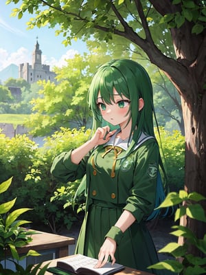 extreme detail,masterpiece,anime_style,solo girl,female student,dark green uniform,greenery-rich school,Celtic traditions,composing a poem,harmony with nature,celts