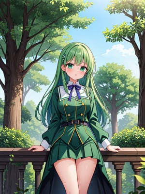 extreme detail,masterpiece,anime_style,solo girl,female student,dark green uniform,greenery-rich school,Celtic traditions,composing a poem,harmony with nature,celts