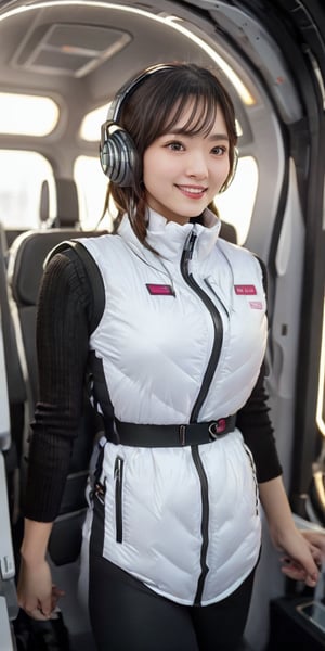 masterpiece:1.4, masterpiece:1.2, (best quality), (highly detailed:1.3), (1girl):30, (portrait shot):10, 24yo, 170cm, top social media influencer, japanese idol, Model physique, tall, elegant
BREAK
(shiny white protective vest):1.2, headphones, (black leggings):1.5, (black long knit sleeves):1.5, (puffy down vest):5, black belt, smartwatch,heafphone, (inside space passenger ship):5, (near future):5,
BREAK
open eyes,enjoy,fun, (straight black long hair), (floating hair):2,wind:2,
smile, looking at viewer, rosy cheeks, (futuristic interior):8, (holographic displays):4, (glowing panels):5, volumetric lighting, protective vest, space_explorer, japanese girl,
BREAK
(space passenger ship interior):5, (advanced technology):6, (sleek white surfaces):10, (curved walls):5, (zero gravity environment):4, (no windows):3, (bright and airy cabin):6, (comfortable spaceship seat):5, (upper body focus):10, (social media-style photo):8, (excellent lighting):8, (white color scheme):10, (futuristic details):7, (mechanical elements):6,Futuristic,Sci Fi,Vex Technology