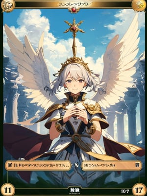 Extreme detail,(mtg_token_frame):3,(white_frame):10,token,card_frame,trading_card,mtg
BREAK
one angel female,smile, compassion,flying sky,day,halo,flying,Valkyrie, sword,

breakdomain,anime