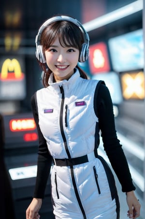 futuristic japanese idol, floating gracefully in zero gravity, close-up portrait, sleek white bodysuit with black and silver accents, pressure suit with integrated computer components, glossy texture, wearing high-tech headphones, smiling while holding McDonald's fries, bright white room, floating and moving stylishly, (white and black astrovest):10,advanced technology surroundings, dynamic pose, flowing hair, cyberpunk aesthetic, holographic elements, 3D projection interfaces, lens flares, motion blur, sharp details, ultra HD, cinematic lighting, zero_gravity, futuristic, idol, japanese, floating, close-up, neon, hologram, cyberpunk, high-tech, motion_blur, lens_flare --aspect 9:16