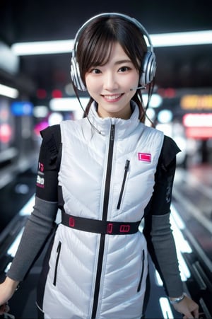 futuristic japanese idol, floating gracefully in zero gravity, close-up portrait, sleek white bodysuit with black and silver accents, pressure suit with integrated computer components, glossy texture, wearing high-tech headphones, smiling while holding McDonald's fries, bright white room, floating and moving stylishly, (white and black astrovest):10,advanced technology surroundings, dynamic pose, flowing hair, cyberpunk aesthetic, holographic elements, 3D projection interfaces, lens flares, motion blur, sharp details, ultra HD, cinematic lighting, zero_gravity, futuristic, idol, japanese, floating, close-up, neon, hologram, cyberpunk, high-tech, motion_blur, lens_flare --aspect 9:16