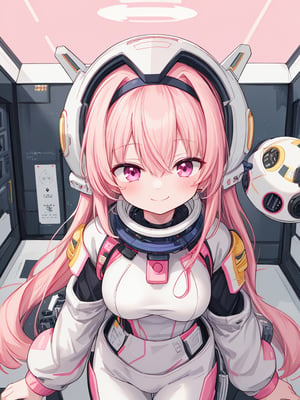 vivid color,1girl, solo, long hair, breasts, looking at viewer, smile, bangs, beautiful pink eyes, pink blonde hair,  beret,inside space ship interior background, hair between eyes,headphone,hairband, medium breasts, very long hair, closed mouth, standing,white and pink spacesuit, helmet, science fiction,best quality,spacesuit