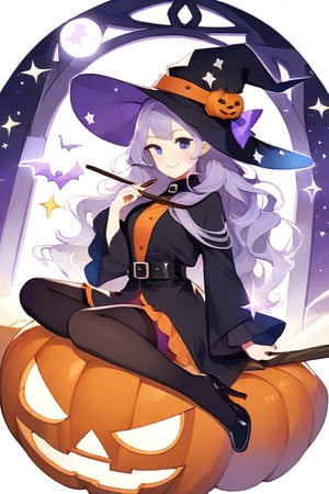 masterpiece, highest quality, high resolution, newest, halloween theme, witch style, teenage girl, BREAK witch hat:1.2, hidden ears, BREAK, magical girl, look at viewer, mischievous smile, spellcasting, BREAK sitting in a dimly lit pumpkin-filled room, (enchanted broomstick):1.5, magical aura, shiny witch robe, black long sleeves, striped orange and black tights, BREAK magic wand, crystal ball, BREAK purple and orange witch outfit, starry pattern on robe, futuristic witch costume with black and silver magical accents, long flowing cape, puffy sleeves, high collar, silver front zipper, waist belt with potion vials, magical runes on sleeves and waist, natural wavy hair with purple streaks, subtle Halloween-themed hair accessories, eerie orange and purple interior with floating candles and magical artifacts, designed for spellcasting and potion brewing, mystical high-tech environment, Halloween night, future enchantress, magical idol girl, 20yo, casting spells, mischievous grin, witch hat:1.5, vivid, purple hair, very long hair, big eyes, female riding enchanted broomstick, magical environment resembling a Halloween wonderland