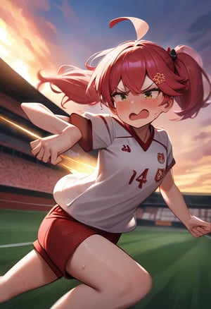 masterpiece, best quality, very aesthetic, absurdres,(1girl), sakura miko,hololive,pinkhead, twintails, sports_uniform, soccer_uniform, shorts, outdoors, sunset, energy_beam_trail, action_pose, running, , , sweat_drops, determined_expression
