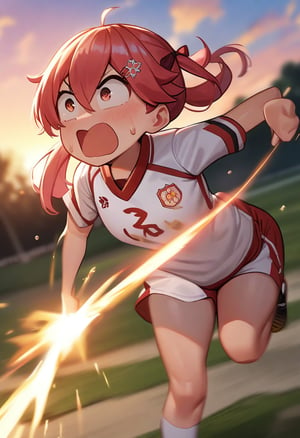 masterpiece, best quality, very aesthetic, absurdres,(1girl), sakura miko,hololive,pinkhead, twintails, sports_uniform, soccer_uniform, shorts, soccer_ball,outdoors, sunset, energy_beam_trail, action_pose, running, , , sweat_drops, determined_expression
