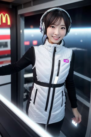 futuristic japanese idol, floating gracefully in zero gravity, close-up portrait, sleek white bodysuit with black and silver accents, pressure suit with integrated computer components, glossy texture, wearing high-tech headphones, smiling while holding McDonald's fries, bright white room, floating and moving stylishly, (white and black astrovest):10,advanced technology surroundings, dynamic pose, flowing hair, cyberpunk aesthetic, holographic elements, 3D projection interfaces, lens flares, motion blur, sharp details, ultra HD, cinematic lighting, zero_gravity, futuristic, idol, japanese, floating, close-up, neon, hologram, cyberpunk, high-tech, motion_blur, lens_flare --aspect 9:16