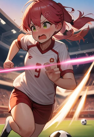 masterpiece, best quality, very aesthetic, absurdres,(1girl), sakura miko,hololive,pinkhead, twintails, sports_uniform, soccer_uniform, shorts, soccer_ball,outdoors, sunset, energy_beam_trail, action_pose, running, , , sweat_drops, determined_expression
