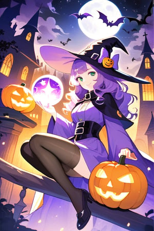 masterpiece, highest quality, high resolution, newest, halloween theme, witch style, teenage girl, BREAK witch hat:1.2, hidden ears, BREAK, magical girl, look at viewer, mischievous smile, spellcasting, BREAK sitting in a dimly lit pumpkin-filled room, (enchanted broomstick):1.5, magical aura, shiny witch robe, black long sleeves, striped orange and black tights, BREAK magic wand, crystal ball, BREAK purple and orange witch outfit, starry pattern on robe, futuristic witch costume with black and silver magical accents, long flowing cape, puffy sleeves, high collar, silver front zipper, waist belt with potion vials, magical runes on sleeves and waist, natural wavy hair with purple streaks, subtle Halloween-themed hair accessories, eerie orange and purple interior with floating candles and magical artifacts, designed for spellcasting and potion brewing, mystical high-tech environment, Halloween night, future enchantress, magical idol girl, 20yo, casting spells, mischievous grin, witch hat:1.5, vivid, purple hair, very long hair, big eyes, female riding enchanted broomstick, magical environment resembling a Halloween wonderland