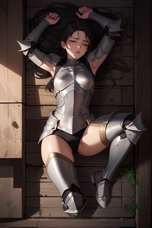 20 year-old female warrior, beautiful face, closed eyes, parted lips, one female, dark hair, female warrior, furrowed brow, orgasm, aroused, lie down on a table, dungeon, full body, view from above:1.0, fully armored


