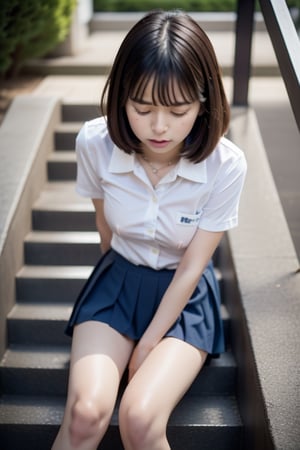 girl sitting on stairs, thin clothes, calves, (thighs:1.7), (hard nipples:1.45), (closed eyes:1.6) ,(angry:1.4), full body, unbuttoned, raw ((Portrait)), (Best Quality), (Realistic, Photorealsitic:1.3), Best Quality ,masutepiece, extremely delicate and beautiful, Extremely detailed ,nsfw ,Unity , 2k wallpaper, amazing, finely detail, soft tone, masutepiece, Best Quality, Highly detailed ticker Unity 8k wallpaper, huge filesize , Ultra-detailed, hight resolution, Extremely detailed, bangss, , (((medium breasts))), , (((Junior high school uniform))),((Very short bob hair)), (((white  shirt))), (((short pleated skirt of dark blue color))), Japanese, 年轻, A smile, ear,  Dynamic Pose, (()), sit on stairs, full body shot, 