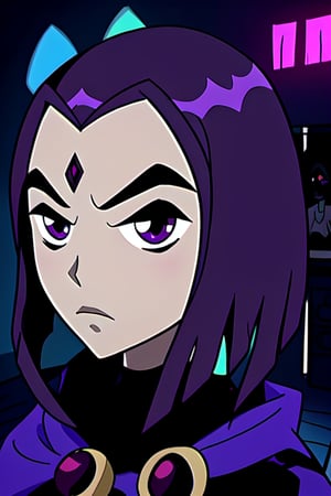 Raven taking a selfie with a demon behind. Camera angle. Demon. Mobile selfie. Serious face. dark purple room scenery. Cartoon style. Teen Titans 