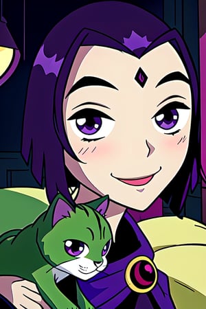 Raven on her bed holding a green kitten and smiling a little. Cute face. Dark purple Room scenery. Cartoon style. Teen Titans 