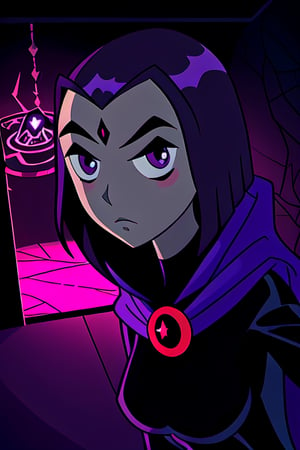 Raven taking a selfie with a demon behind her veiled in a pentagram. Camera angle. Demon. Mobile selfie. Serious face. dark purple room scenery. Cartoon style. Teen Titans 