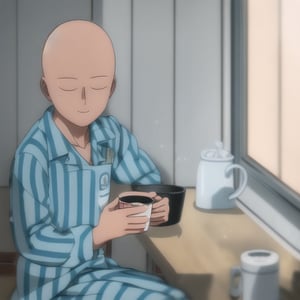 Saitama in cyan blue striped white pajamas standing by the window at home with a neutral sleepy face drinking a cup of coffee next to genos with a pink apron and a pot in his hand with a neutral and slightly smiling face. Shiny bald. Blue theme. Blurred backdrop. Modern apartment house. Strong lighting, strong colors, cute lines, red cheeks. happy theme. Genos is wearing his normal costume, but with the pink apron and black metallic robotic arm. Anime One Punch Man ,SAITAMA,ANIME,1990s \(style\),ONE PUNCH,GENOS