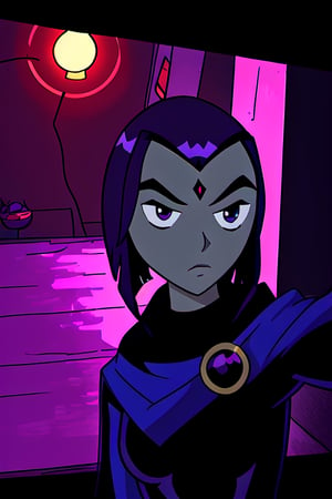 Raven taking a selfie Camera angle. Demon. Mobile selfie. Serious face. dark purple room scenery. Cartoon style. Teen Titans 