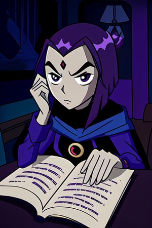 Raven reading a book with a pentagram symbol. Serious face. dark purple room scenery. Cartoon style. Teen Titans 