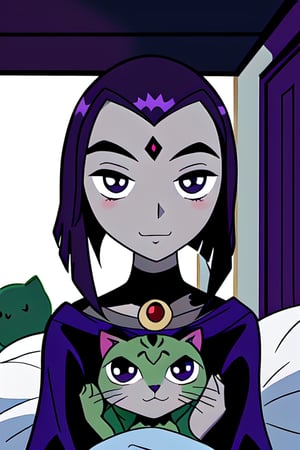 Raven on her bed holding a green kitten With black eyes and white pupils
Raven is holding him with a small smile, and a tender look in her eyes. Cute face. Dark purple Room scenery. Cartoon style. Teen Titans 
