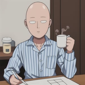 Saitama drinking coffee from a cup with a poorly made drawing of Saitama's face with the shape of an oval head. Saitama at home wearing white striped blue pajamas