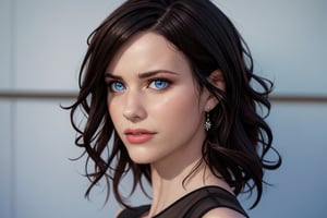 (photorealistic:1.5), realistic skin, black dress, perfect face, detailed pupil, blue eyes, half body, small chest, solo, standing