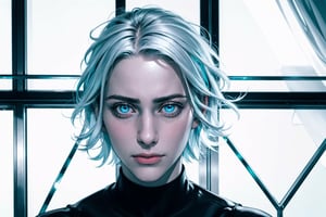 (photorealistic:1.5), closed mouth, realistic skin, black dress, short hair, perfect face, detailed pupil, blue eye:1.5, bright eye:1.5, half body, white haired, solo, standing,Detailedface,satoru gojo,white hair,blue eyes,short hair