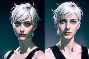 (photorealistic:1.5), closed mouth, realistic skin, black dress, short hair, perfect face, detailed pupil, blue eye:1.5, bright eye:1.5, half body, white haired, solo, standing,Detailedface,satoru gojo,white hair,blue eyes,short hair