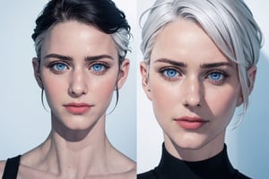 (photorealistic:1.5), closed mouth, realistic skin, black dress, short hair, perfect face, detailed pupil, blue eye:1.5, bright eye:1.5, half body, white haired, solo:2.0, standing,Detailedface,satoru gojo,white hair,blue eyes,short hair