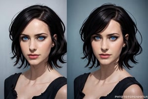 (photorealistic:1.5), realistic skin, black dress, perfect face, detailed pupil, blue eyes, half body, small chest, solo, standing