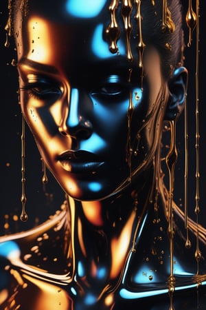 extremely Detailed colorful liquid metal person dripping and falling apart, high resolution face, Anti-Aliasing, FXAA, De-Noise, Post-Production, SFX, insanely detailed & intricate, hypermaximalist, elegant, ornate, hyper realistic, super detailed, noir coloration, serene, 16k resolution, full body