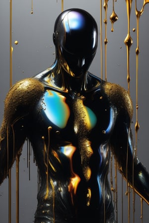 extremely Detailed colorful liquid metal person dripping and falling apart, high resolution face, Anti-Aliasing, FXAA, De-Noise, Post-Production, SFX, insanely detailed & intricate, hypermaximalist, elegant, ornate, hyper realistic, super detailed, noir coloration, serene, 16k resolution, full body