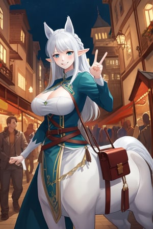 white and horse style and longand spiky hair,hd,tall,1girl,big boobs,sexy pose,fox mask side way,smiling,have a bag,castle,night,elf,people in the backround,people grayed out,in the entrance